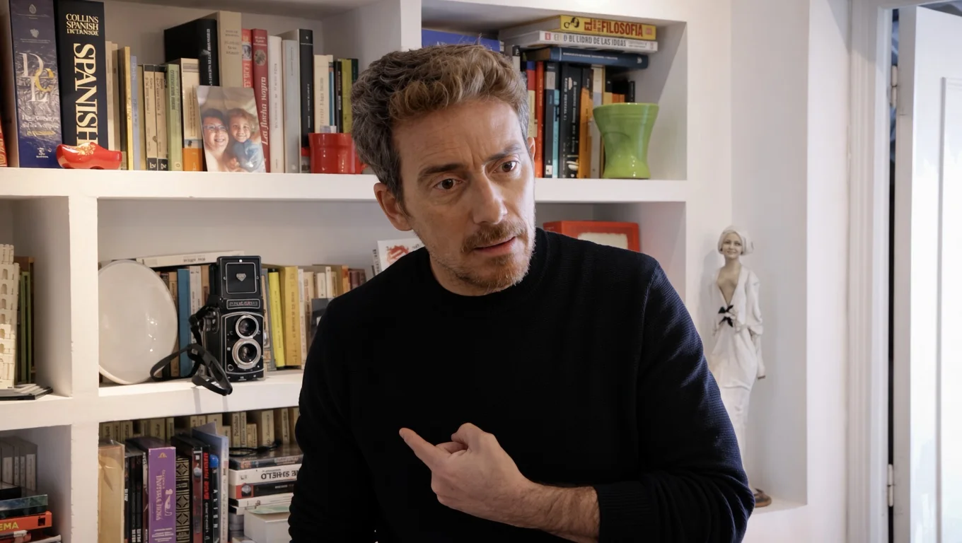 Hombre de unos cincuenta años con jersey negro, señalando junto a estanterías con libros y una cámara antigua.