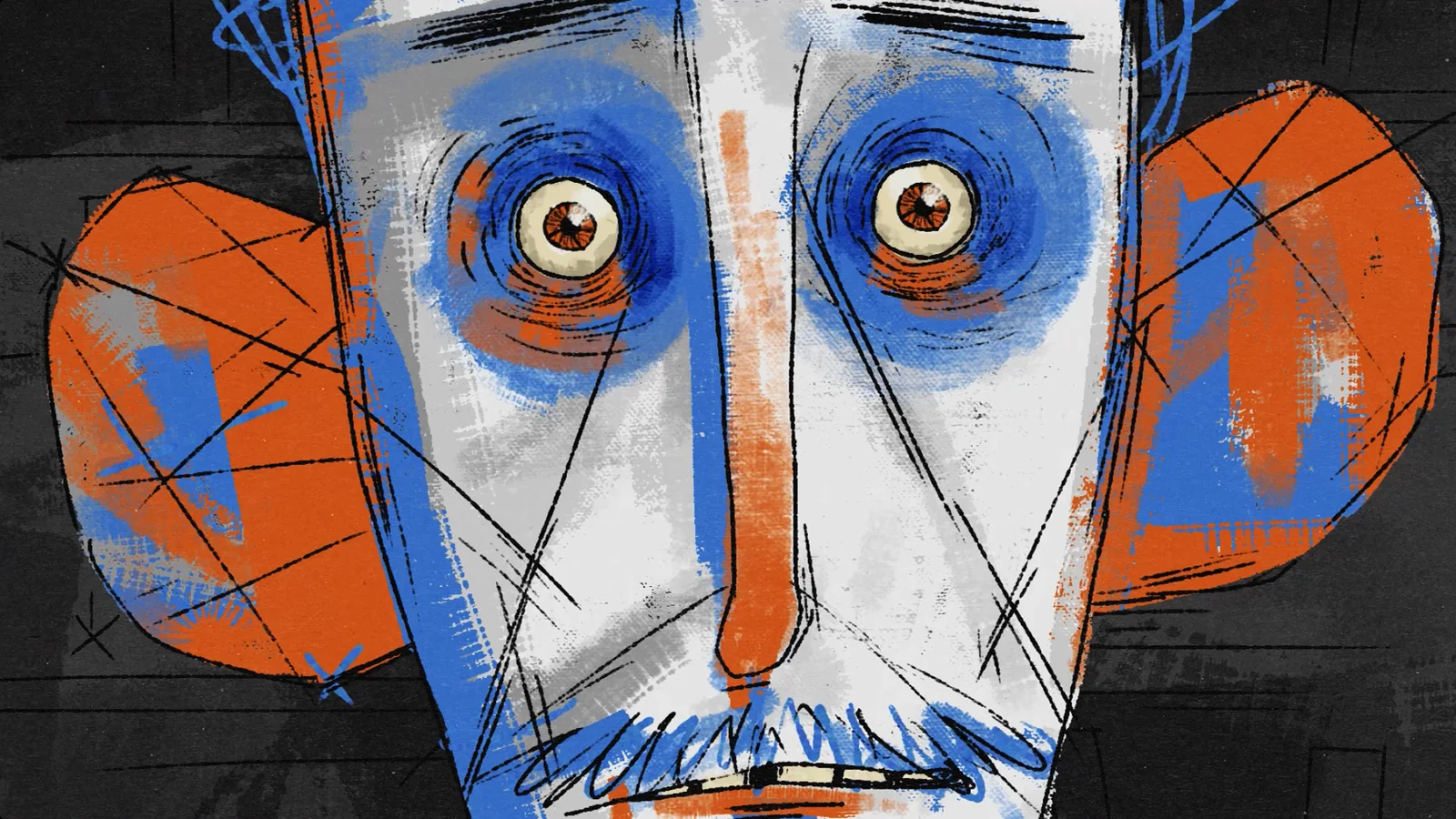 Ilustración de un rostro de hombre con ojos grandes y desorbitados, en azul, naranja y blanco sobre fondo oscuro.