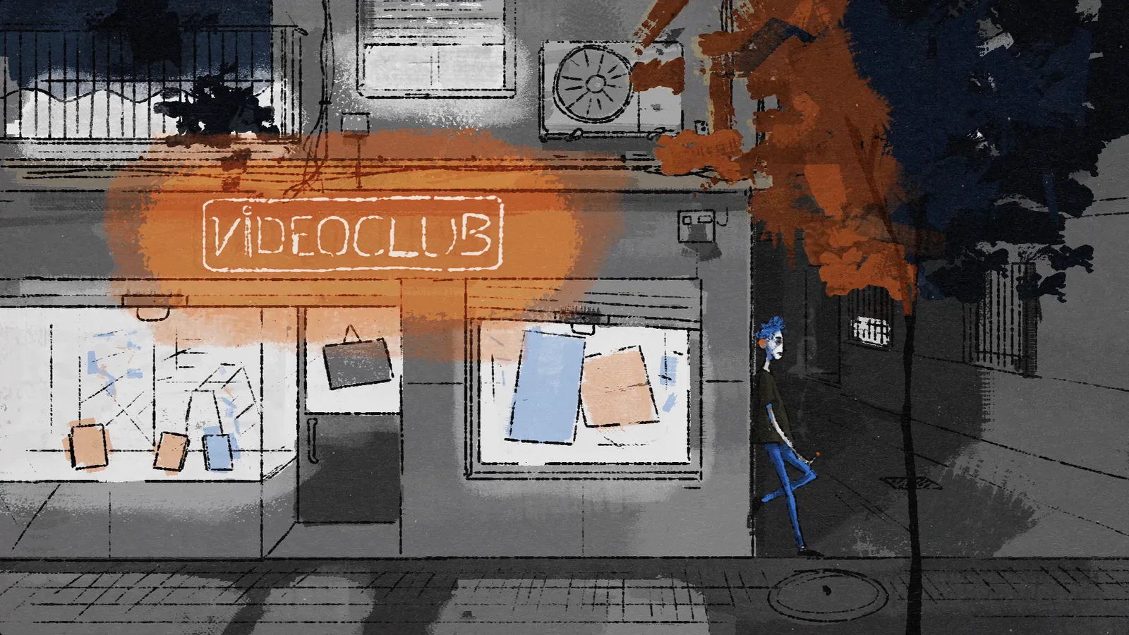 Ilustración de una calle con un rótulo «VIDEOCLUB» sobre un escaparate, y una persona caminando junto a un árbol.