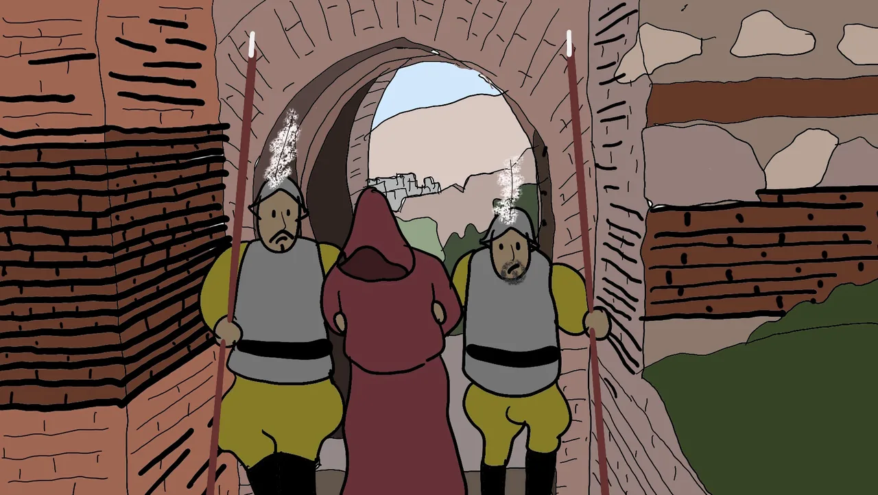 Fotograma de «Cancelado»: dibujo animado: dos soldados con armadura conducen a un fraile encapuchado ante la puerta de una muralla.